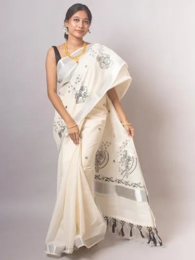 Silver Zari Kerala Kasavu Cotton Saree with Black and Grey Floral Embroidery